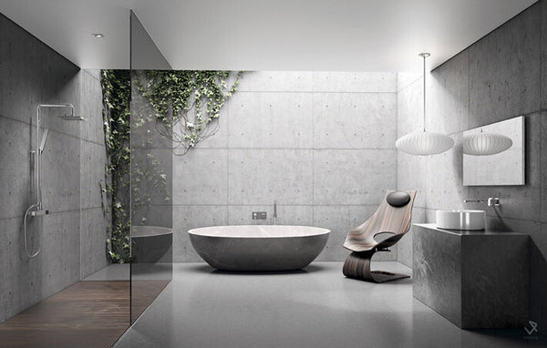 Large format grey tiles and a sleek free standing bathtub in a contemporary bathroom design, find inspiration for your next renovation project with Tile Lab in Green Brook NJ
